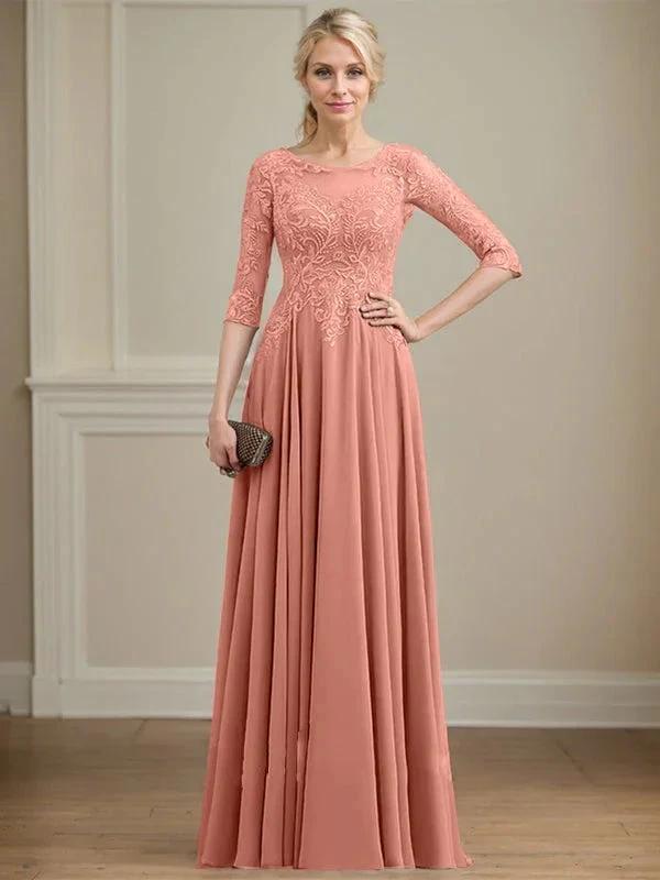 A-line Scoop Illusion Floor-Length Lace Chiffon Mother of the Bride Dress With Sequins by Dreamylily