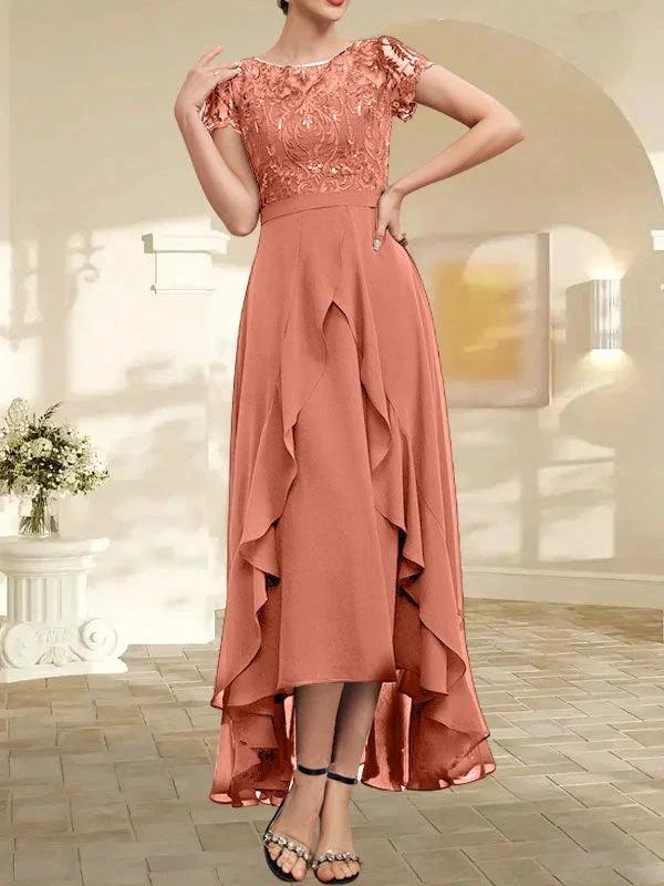 A-line Scoop Illusion Asymmetrical Chiffon Lace Mother of the Bride Dress With Bow Ruffle Sequins by Dreamylily