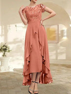 A-line Scoop Illusion Asymmetrical Chiffon Lace Mother of the Bride Dress With Bow Ruffle Sequins by Dreamylily