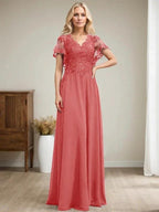 A-line V-Neck Floor-Length Lace Chiffon Mother of the Bride Dress With Sequins by Dreamylily