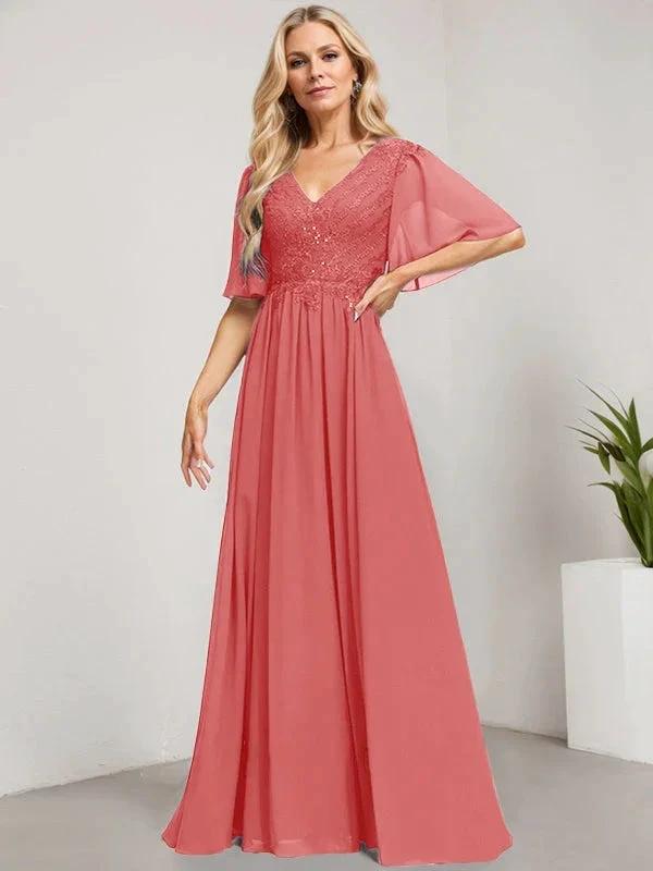 A-line V-Neck Floor-Length Lace Chiffon Mother of the Bride Dress With Sequins by Dreamylily