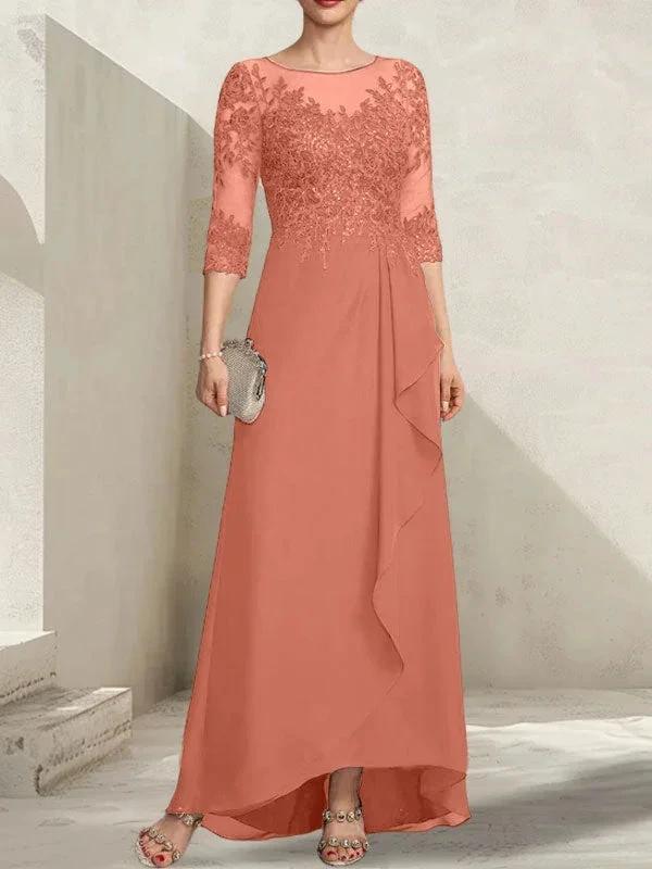 A-line Scoop Illusion Asymmetrical Lace Chiffon Mother of the Bride Dress With Sequins Cascading Ruffles by Dreamylily