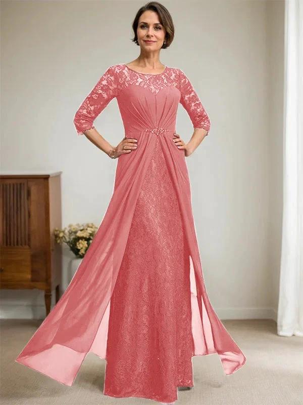 A-Line Scoop Illusion Floor-Length Lace Chiffon Mother Of the Bride Dress With Beading Ruffles by Dreamylily