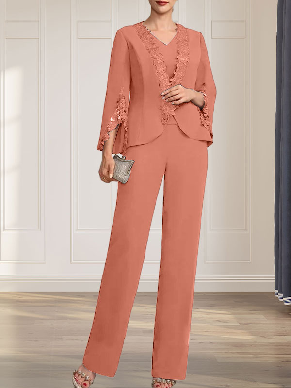 Separates Jumpsuit/Pantsuit V-Neck Floor-Length Chiffon Mother of the Bride Dress
