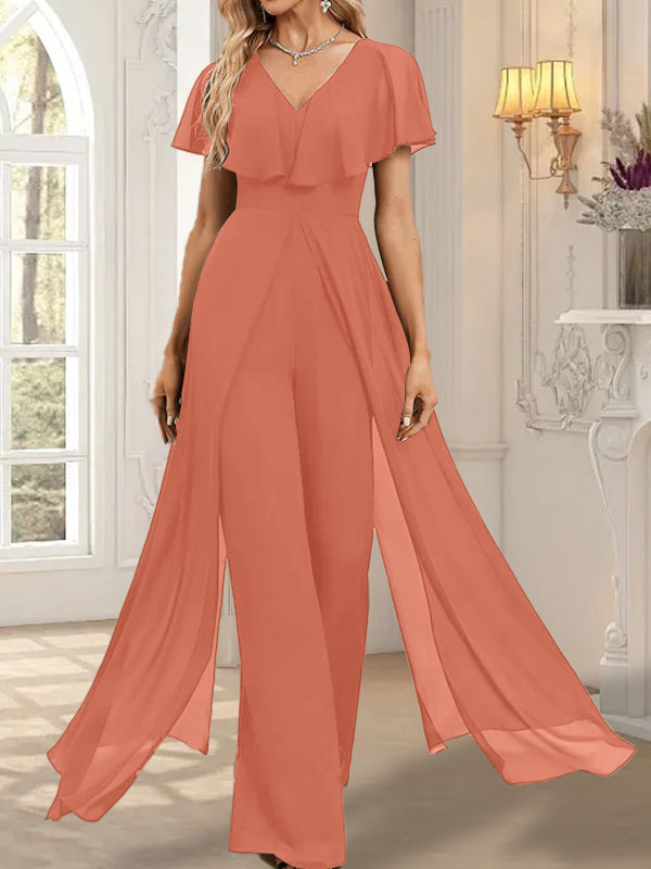 Jumpsuit/Pantsuit V-Neck Floor-Length Chiffon Evening Dress
