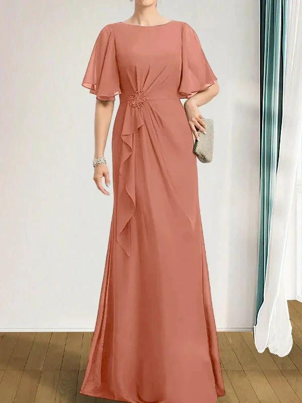 A-line Scoop Floor-Length Chiffon Mother of the Bride Dress With Cascading Ruffles Beading Sequins by Dreamylily