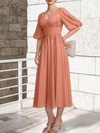 A-line V-Neck Tea-Length Lace Chiffon Mother of the Bride Dress With Pleated by Dreamylily