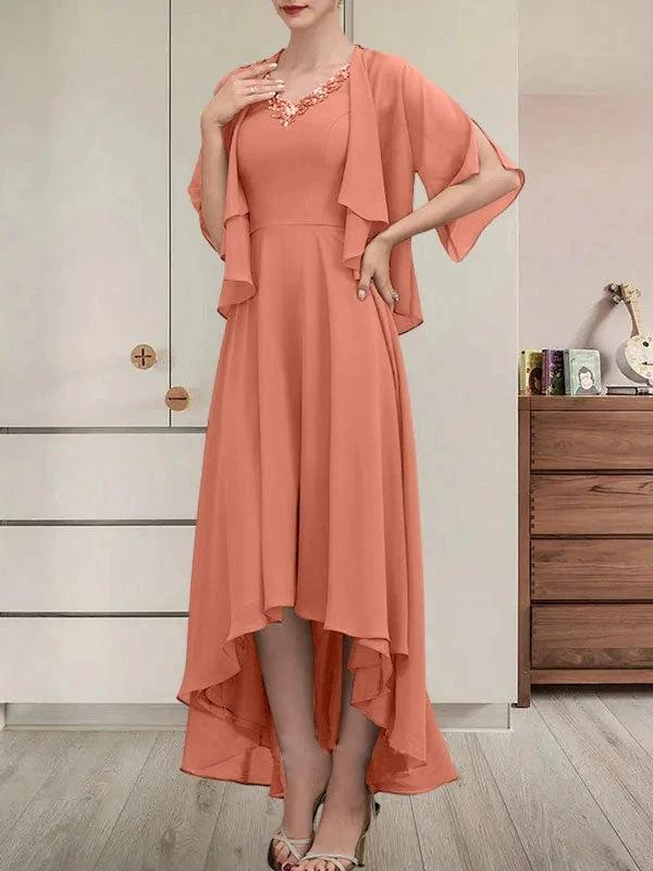 A-line V-Neck Asymmetrical Chiffon Mother of the Bride Dress With Beading Sequins by Dreamylily