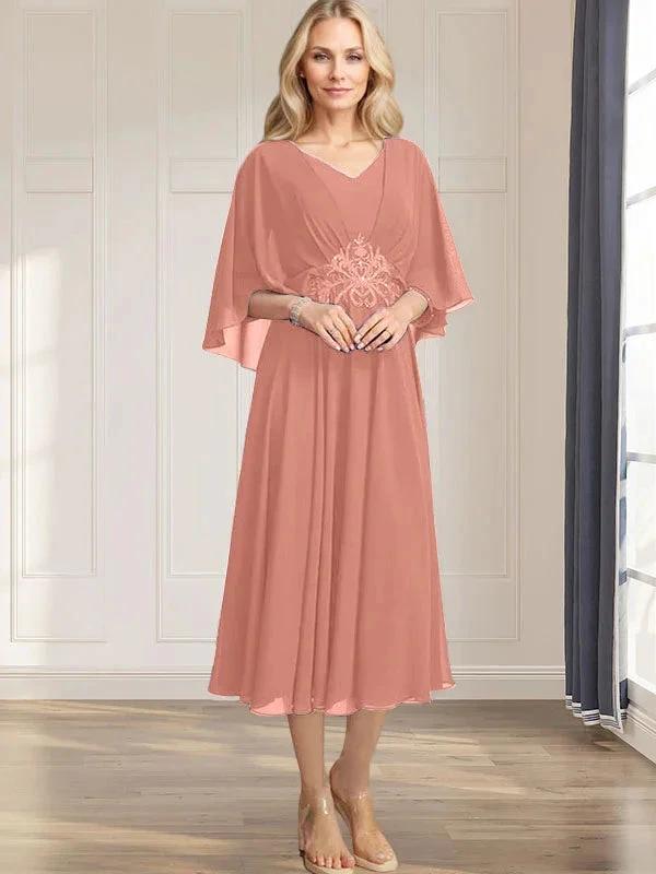 A-line V-Neck Tea-Length Chiffon Mother of the Bride Dress With Pleated Sequins Appliques Lace Beadind by Dreamylily