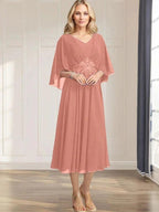 A-line V-Neck Tea-Length Chiffon Mother of the Bride Dress With Pleated Sequins Appliques Lace Beadind by Dreamylily