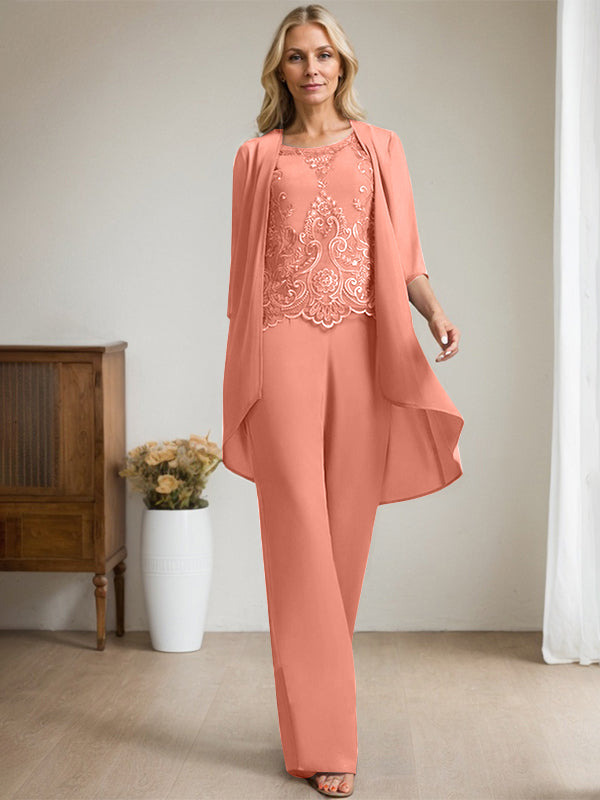 Separates Jumpsuit/Pantsuit Scoop Floor-Length Chiffon Lace Mother of the Bride Dress With Beading Sequins