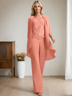 Separates Jumpsuit/Pantsuit Scoop Floor-Length Chiffon Lace Mother of the Bride Dress With Beading Sequins