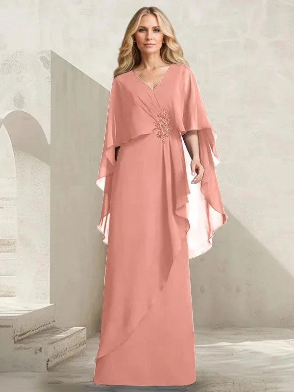 A-line V-Neck Floor-Length Chiffon Mother of the Bride Dress With Cascading Ruffles Beading by Dreamylily