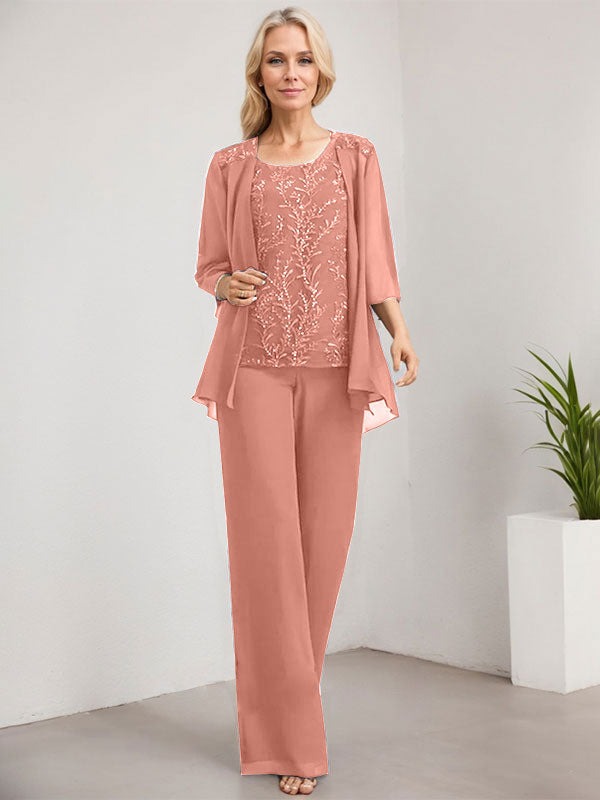 Separates Jumpsuit/Pantsuit Scoop Floor-Length Lace Chiffon Mother of the Bride Dress With Sequins