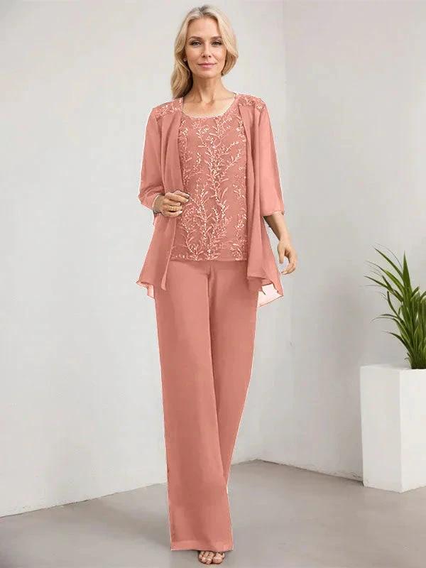 Separates Jumpsuit/Pantsuit Scoop Floor-Length Lace Chiffon Mother of the Bride Dress With Sequins by Dreamylily