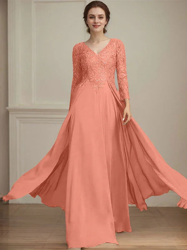 A-line V-Neck Floor-Length Lace Chiffon Mother of the Bride Dress With Sequins by Dreamylily