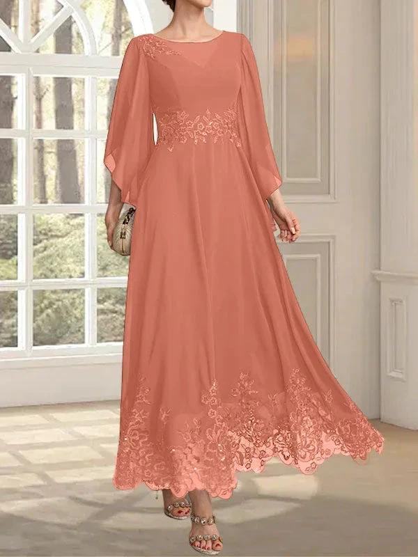 A-line Scoop Illusion Ankle-Length Lace Chiffon Mother of the Bride Dress With Sequins by Dreamylily