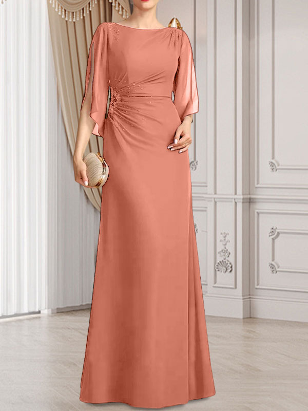 Etui-Linie/Säule U-Ausschnitt Bodenlang Chiffon Kleid für die Brautmutter mit Plissee Perlenbesatz