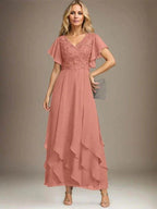 A-line V-Neck Ankle-Length Lace Chiffon Mother of the Bride Dress With Cascading Ruffles by Dreamylily