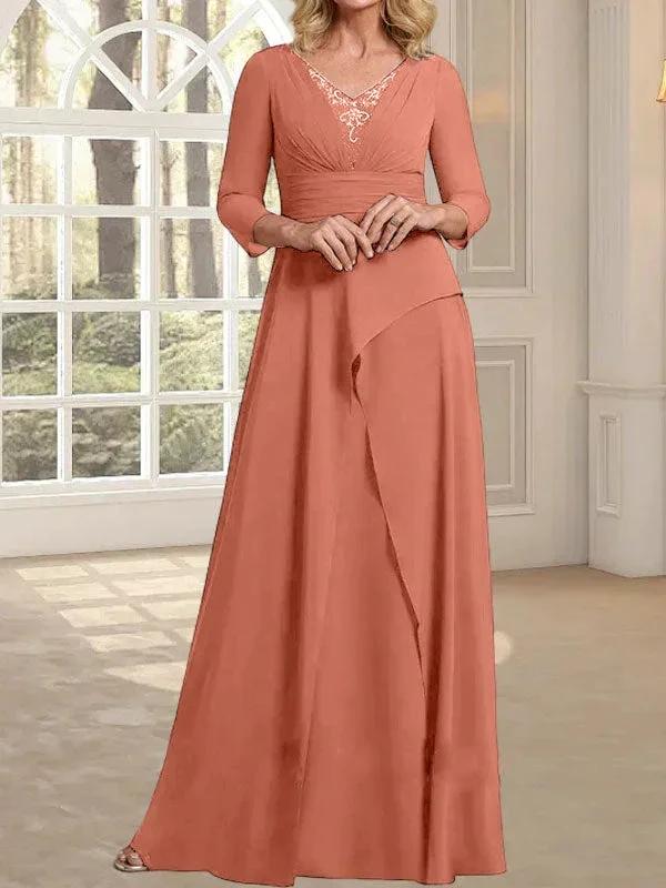 A-line V-Neck Floor-Length Chiffon Mother of the Bride Dress With Pleated Beading by Dreamylily