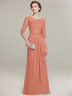 Vestido de gasa con encaje, corte A, escote ilusión, largo hasta el suelo, para madre de la novia con volantes en cascada 