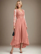 A-line V-Neck Asymmetrical Lace Chiffon Mother of the Bride Dress by Dreamylily