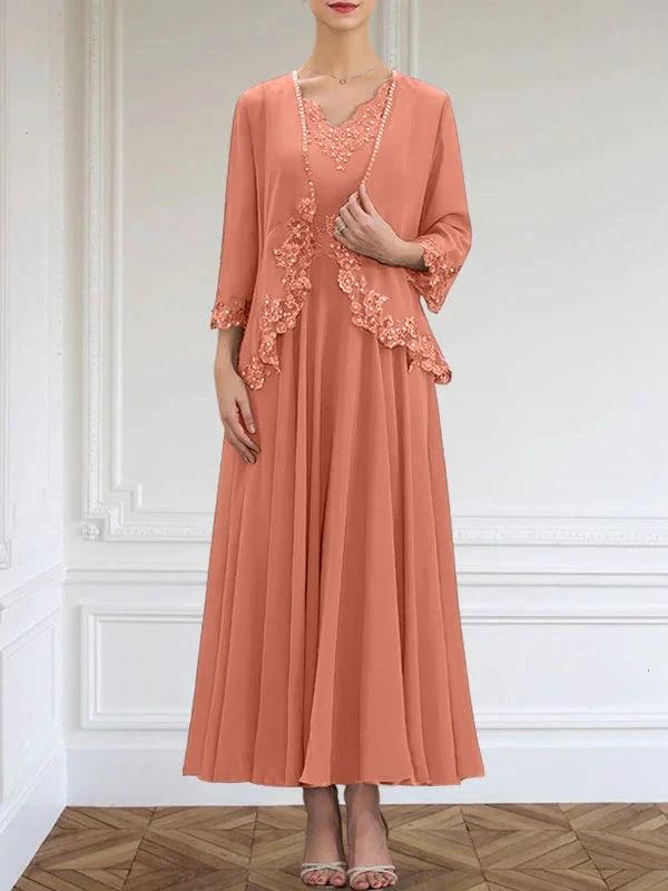 A-line V-Neck Ankle-Length Chiffon Mother of the Bride Dress With Sequins Appliques Lace Beading by Dreamylily