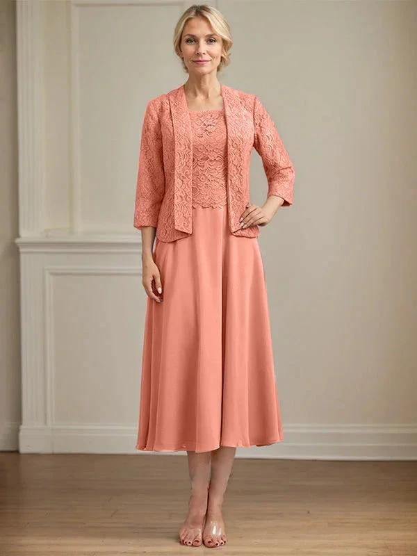 A-line Scoop Tea-Length Lace Chiffon Mother of the Bride Dress by Dreamylily