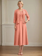 A-line Scoop Tea-Length Lace Chiffon Mother of the Bride Dress by Dreamylily