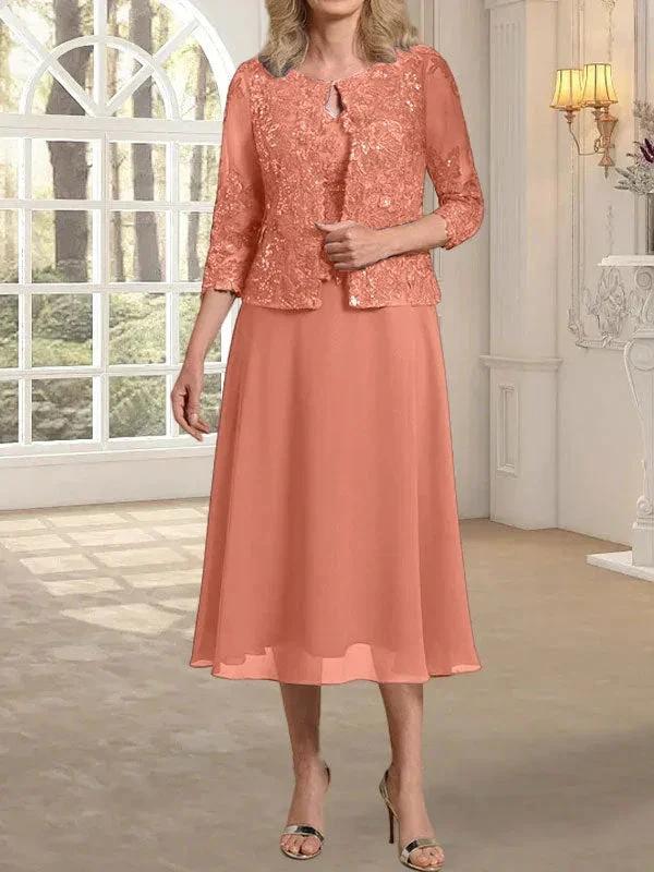 A-line Scoop Tea-Length Lace Chiffon Mother of the Bride Dress With Sequins by Dreamylily