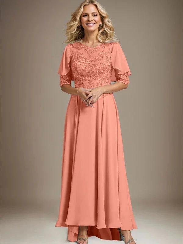 A-line Scoop Illusion Asymmetrical Chiffon Lace Mother of the Bride Dress With Beading by Dreamylily