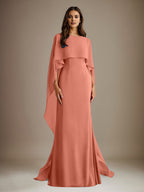 Sheath/Column Boatneck Floor-Length Chiffon Mother of the Bride Dress With Cascading Ruffles