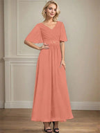 A-line V-Neck Ankle-Length Chiffon Mother of the Bride Dress With Pleated Beading Sequins by Dreamylily