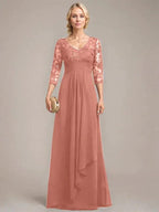 A-line V-Neck Floor-Length Lace Chiffon Mother of the Bride Dress With Cascading Ruffles Sequins by Dreamylily
