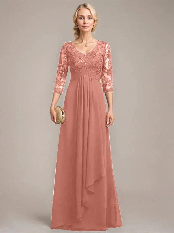 A-line V-Neck Floor-Length Lace Chiffon Mother of the Bride Dress With Cascading Ruffles Sequins by Dreamylily