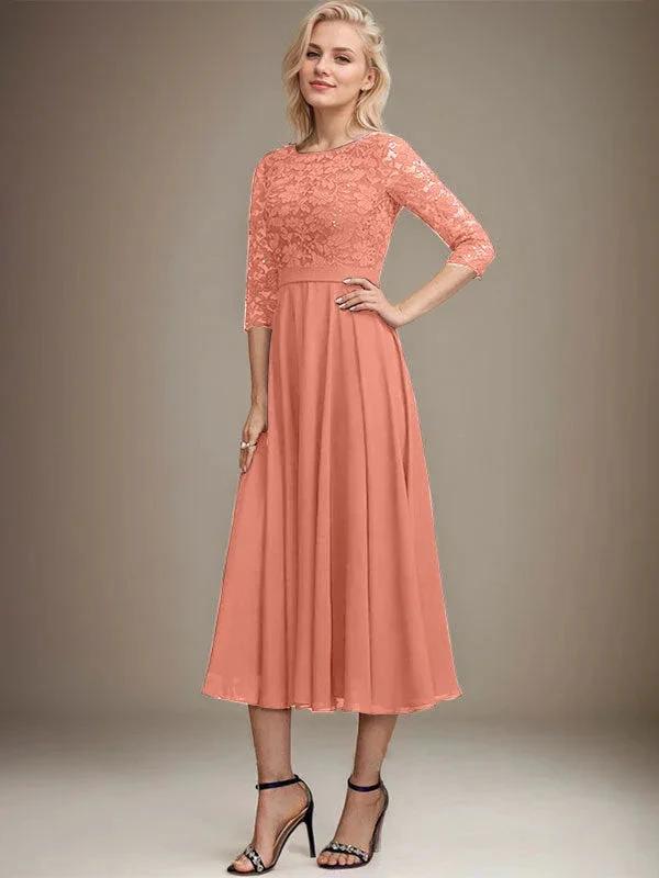 A-line Scoop Tea-Length Lace Chiffon Mother of the Bride Dress With Sequins by Dreamylily
