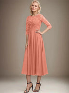 A-line Scoop Tea-Length Lace Chiffon Mother of the Bride Dress With Sequins by Dreamylily