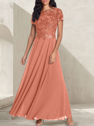 Vestido largo de madre de la novia con escote redondo, corte A, color gris carbón y cuentas