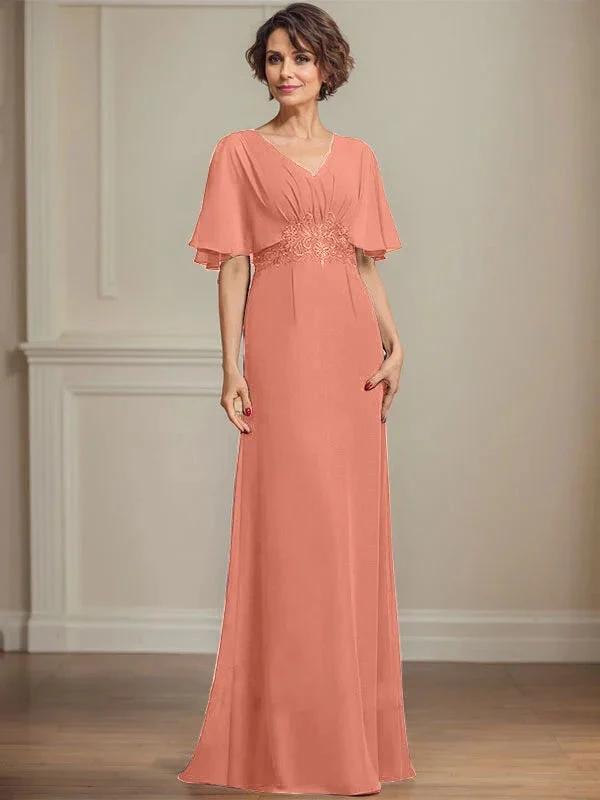 A-line V-Neck Floor-Length Chiffon Mother of the Bride Dress With Pleated Sequins Appliques Lace by Dreamylily