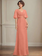 A-line V-Neck Floor-Length Chiffon Mother of the Bride Dress With Pleated Sequins Appliques Lace by Dreamylily