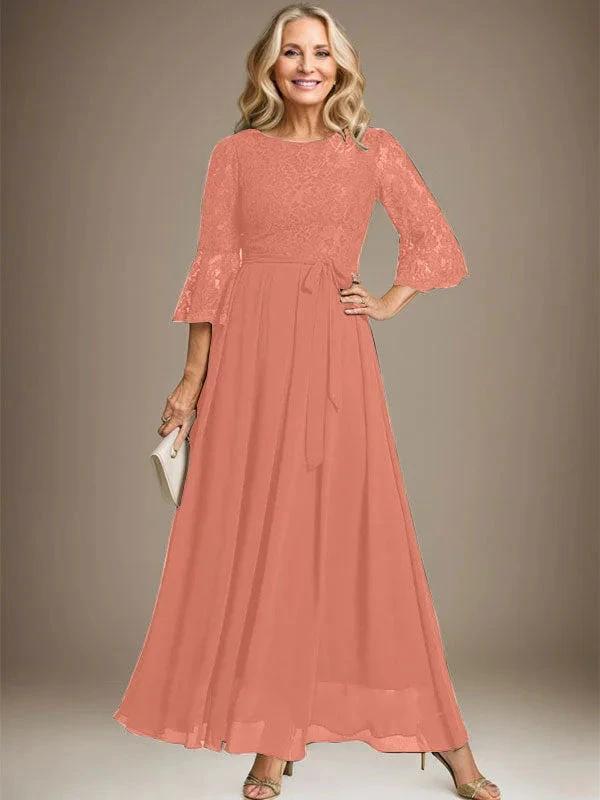 A-line Scoop Ankle-Length Lace Chiffon Mother of the Bride Dress With Bow by Dreamylily
