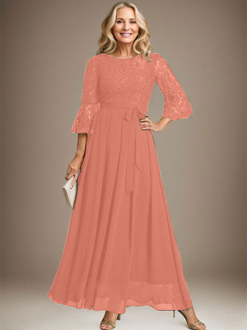 A-line Scoop Ankle-Length Lace Chiffon Mother of the Bride Dress With Bow