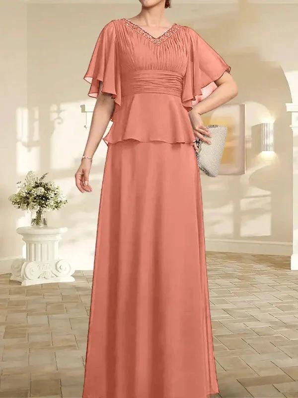 A-line V-Neck Floor-Length Chiffon Mother of the Bride Dress With Pleated Beading by Dreamylily