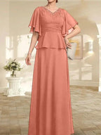 A-line V-Neck Floor-Length Chiffon Mother of the Bride Dress With Pleated Beading by Dreamylily