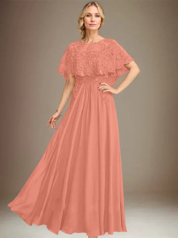 A-line Boat Neck Floor-Length Lace Chiffon Mother of the Bride Dress With Applique Sequins by Dreamylily