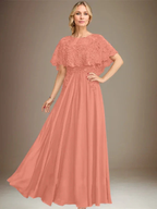 A-line Boat Neck Floor-Length Lace Chiffon Mother of the Bride Dress With Applique Sequins by Dreamylily
