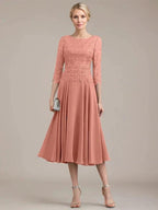 A-line Scoop Tea-Length Lace Chiffon Mother of the Bride Dress by Dreamylily