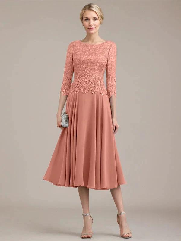 A-line Scoop Tea-Length Lace Chiffon Mother of the Bride Dress by Dreamylily