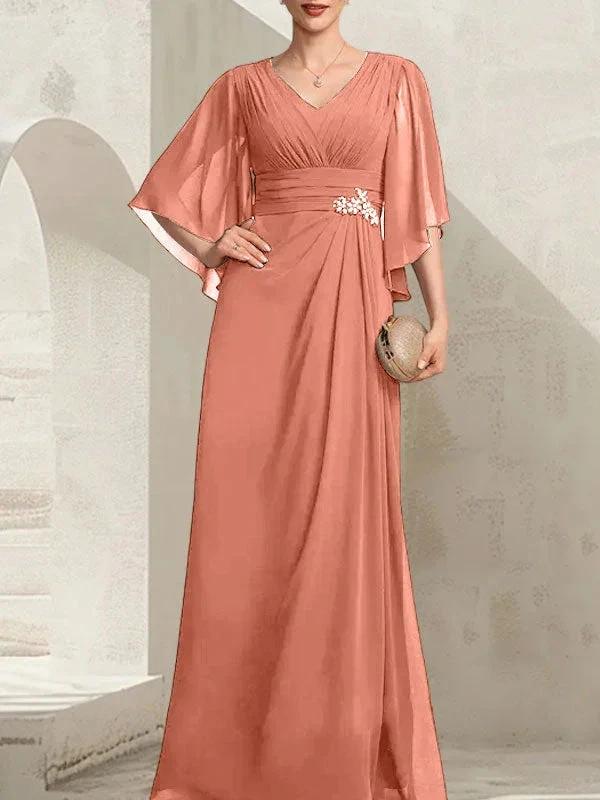 Sheath/Column V-Neck Floor-Length Chiffon Mother of the Bride Dress With Pleated Sequins Beading by Dreamylily
