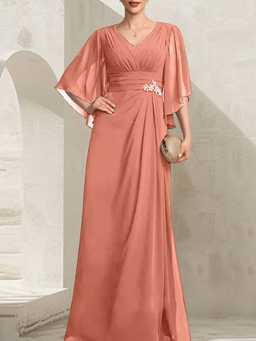 Vestido de gasa para madre de la novia, con escote en V, largo hasta el suelo, con lentejuelas plisadas y abalorios